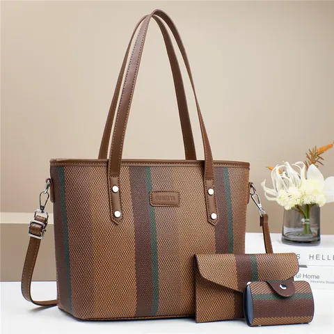 Striped Canvas Women Bag Combo With Tote And Envelope Clutch And Coin Pouch Vintage Contrast Color Large Capacity Shoulder Handbags