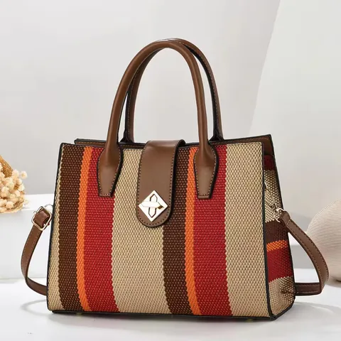 Women's Fashion Striped Canvas PU Leather Tote Bag Large Capacity Handbag Crossbody Bag With Metal Lock Office Travel Satchel