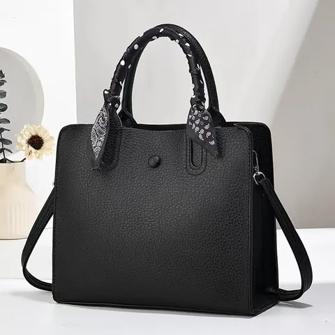 Women Litchi Grain PU Leather Tote Bag With Decorative Scarf Large Capacity Office Commute Shoulder Crossbody Handbag