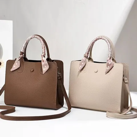 Women Litchi Grain PU Leather Tote Bag With Decorative Scarf Large Capacity Office Commute Shoulder Crossbody Handbag