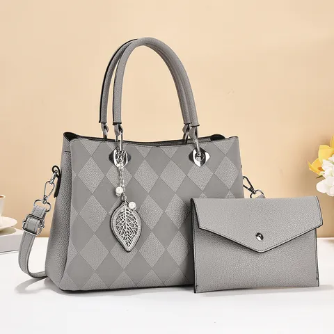 Mode Damen PU-Leder Gesteppte Tragetasche Und Umschlag-Clutch Set Große Kapazität Rautenmuster Umhängetasche Blatt-Anhänger Künstliche Perle Griff Tasche