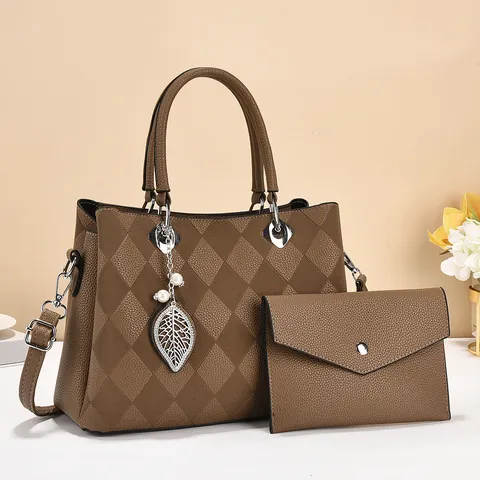 Mode Damen PU-Leder Gesteppte Tragetasche Und Umschlag-Clutch Set Große Kapazität Rautenmuster Umhängetasche Blatt-Anhänger Künstliche Perle Griff Tasche