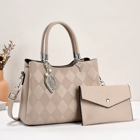 Women Fashion PU Leather Quilted Top Handle Bag And Matching Small Wallet Shoulder Crossbody Bag Shell Satchel For Daily Use