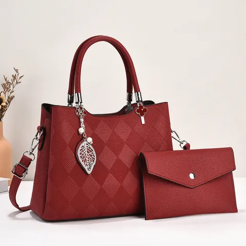 Women Fashion PU Leather Quilted Top Handle Bag And Matching Small Wallet Shoulder Crossbody Bag Shell Satchel For Daily Use