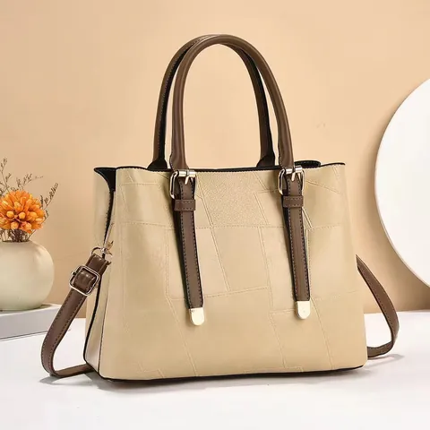 Borsa a Secchiello in Pelle PU Donna alla Moda Borsa a Mano Tote Patchwork Geometrico Con Doppi Manici e Tracolla Regolabile