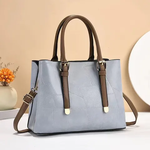 Borsa a Secchiello in Pelle PU Donna alla Moda Borsa a Mano Tote Patchwork Geometrico Con Doppi Manici e Tracolla Regolabile