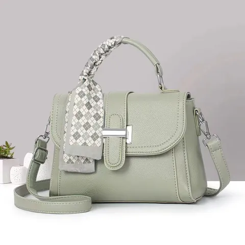 Women PU Leather Small Square Bag With Decorative Silk Scarf Litchi Pattern Shoulder Crossbody Handbag Daily Office Bag