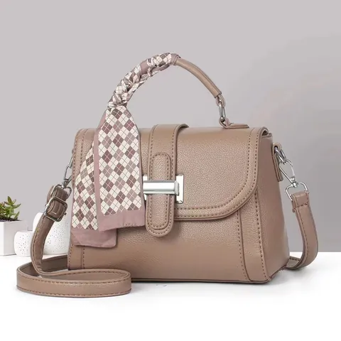 Women Lychee Pattern PU Leather Crossbody Bag With Scarf Handle Adjustable Strap Minimalist Square Shoulder Bag Handbag