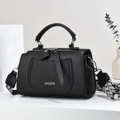 Women Fashion PU Leather Boston Bag Litchi Pattern Handbag With Wide Geometric Woven Shoulder Strap Daily Crossbody Bag
