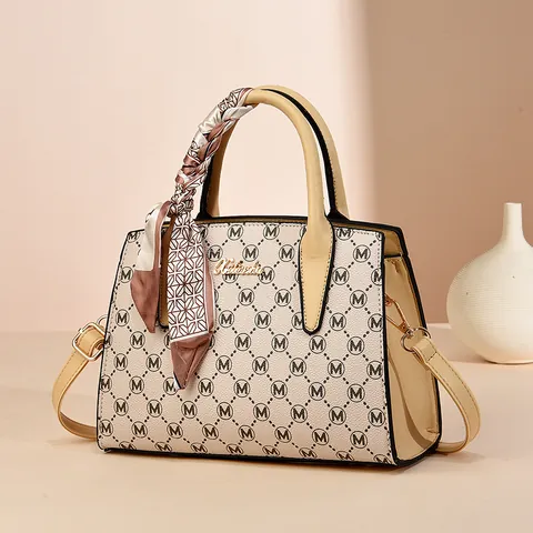 Borsa a Mano da Donna in Pelle di Vacchetta Monogram Retro Con Sciarpa di Seta Elegante Tracolla Tote per Pendolare Quotidiano Festa