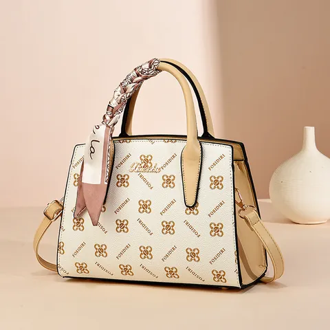 Borsa a Mano da Donna in Pelle di Vacchetta Monogram Retro Con Sciarpa di Seta Elegante Tracolla Tote per Pendolare Quotidiano Festa