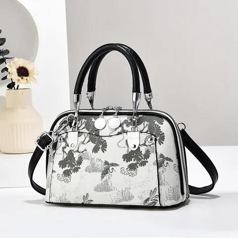 Chinese Style Print Patchwork Handbag For Women Urban Simplicity PU Leather Fabric Embroidery Large Capacity Shoulder Bag Crossbody Bag