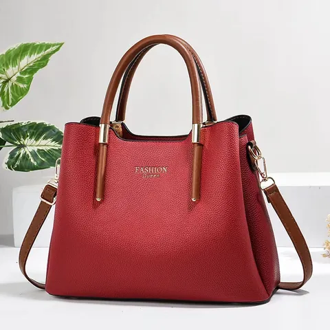Women Fashion PU Leather Handbag With Lychee Pattern Fashion Queen Letter Print Large Capacity Shoulder Bag Vintage Contrast Color Tote Bag