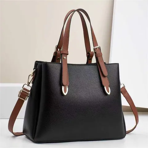 Women Litchi Pattern PU Leather Handbag Contrast Color Shoulder Crossbody Bag With Gold Hardware Adjustable Strap Commuting Tote
