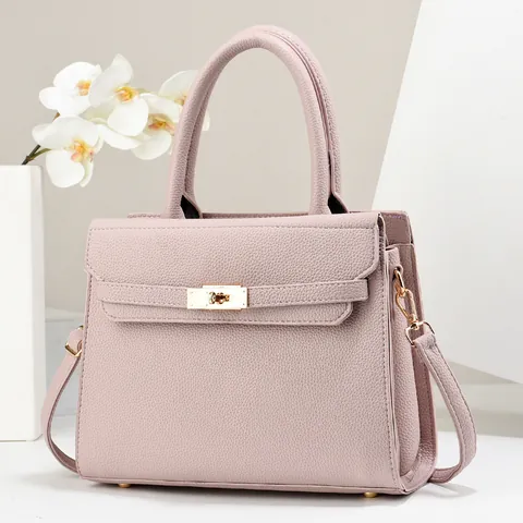 Sac à Main Femme en Cuir PU Motif Litchi Design Trapèze Classique Sac à Bandoulière Avec Fermoir Rotatif Or Grande Capacité Sac de Bureau Élégant