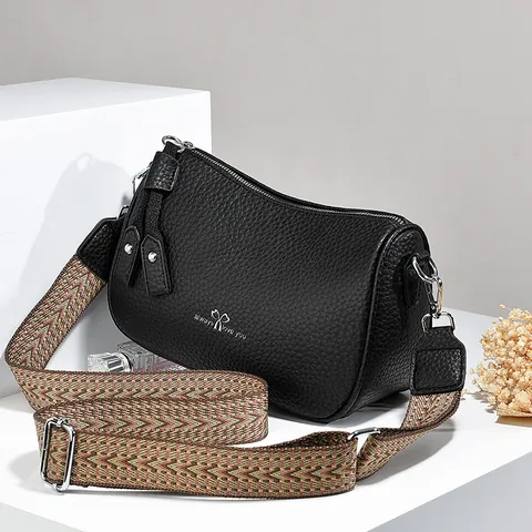 Minimalist Women PU Leather Bucket Bag Litchi Texture Pillow Bag Wide Ethnic Strap Versatile Crossbody Bag Daily Carry