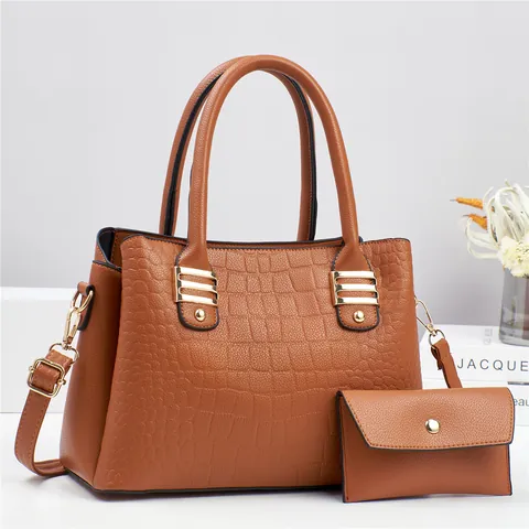Women Croc-Embossed Handbag And Pouch Set Large Capacity PU Leather Shoulder Tote Bag For Daily Commuter Fashion Satchel