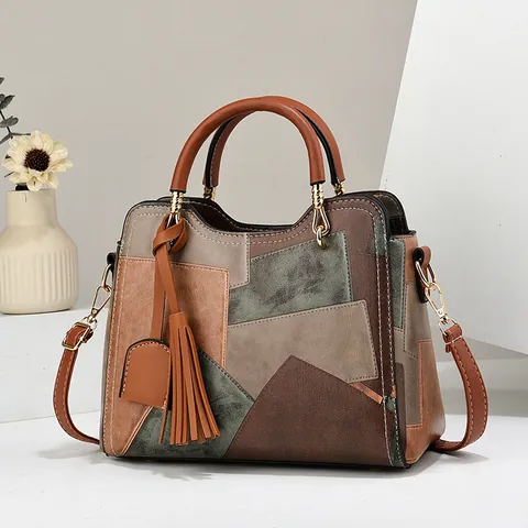 Women Retro Patchwork PU Leather Handbag Geometric Color Block Crossbody Bag With Tassel Top Handle Shoulder Bag Fashion Purse
