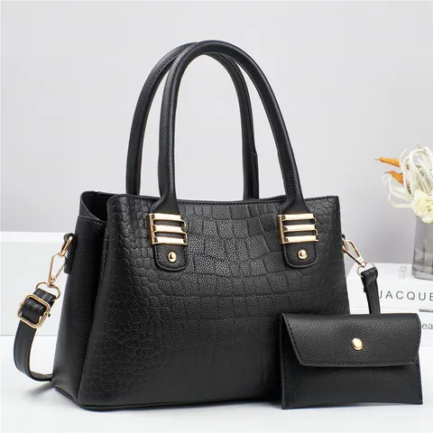 Women Croc-Embossed Handbag And Pouch Set Large Capacity PU Leather Shoulder Tote Bag For Daily Commuter Fashion Satchel