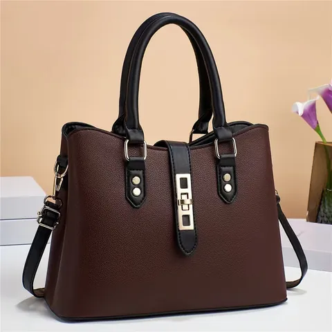 Women Litchi Grain PU Leather Handbag Shoulder Crossbody Bucket Bag With Gold Metal Buckle And Rivets Daily Office Commuter Bag