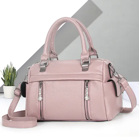 Women Fashion Boston Handbag Lychee Texture PU Leather Crossbody Bag With Decorative Zippers Removable Strap For Daily Office