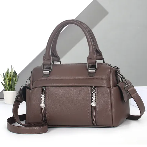 Women Fashion Boston Handbag Lychee Texture PU Leather Crossbody Bag With Decorative Zippers Removable Strap For Daily Office