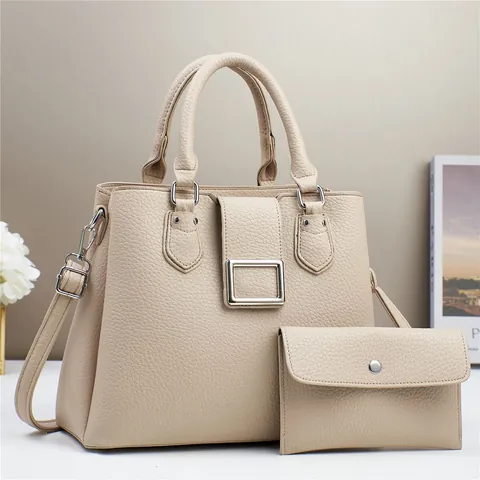 Borsa a Mano da Donna in Pelle PU con Motivo Litchi e Set Portafoglio Tracolla Regolabile Hardware Argento Tote