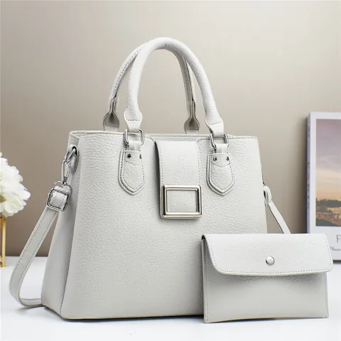 Borsa a Mano da Donna in Pelle PU con Motivo Litchi e Set Portafoglio Tracolla Regolabile Hardware Argento Tote