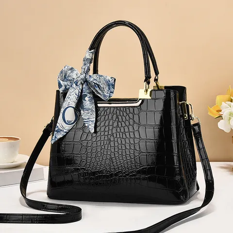 Sac à Main en Cuir PU Motif Crocodile Rétro pour Femmes Avec Foulard Décoration Mode Grande Capacité Bandoulière Travail