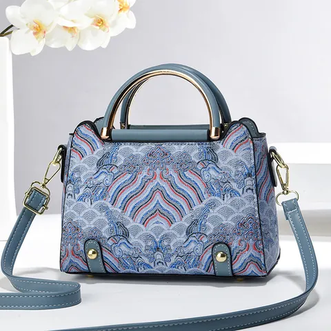 Borsa da Donna Stile Cinese Ricamata Piccola Borsa a Tracolla Manico in Metallo Pelle PU Retro Etnica Borsa a Mano