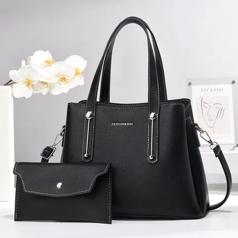 Set di Borse in Pelle PU di Grande Capacità Borsa Tote a Grana Litchi e Pochette Borsa a Tracolla Pendolare per Donna