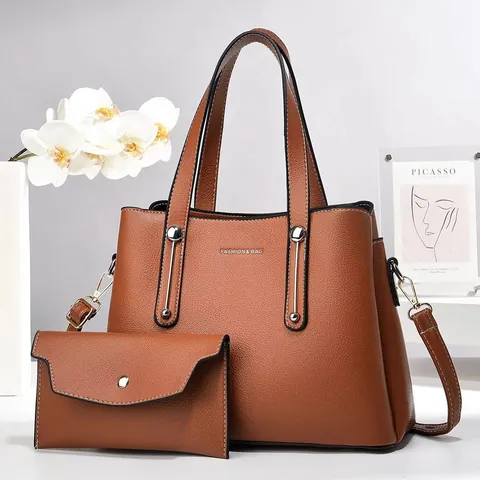 Set di Borse in Pelle PU di Grande Capacità Borsa Tote a Grana Litchi e Pochette Borsa a Tracolla Pendolare per Donna