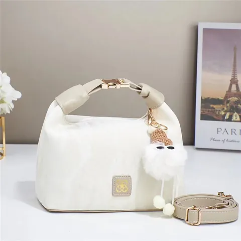 Women Fashion Pleated Cloud Handbag PU Leather Single Shoulder Messenger Bag With Cute Plush Ball Pendant Sweet Candy Color