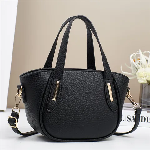 Women Fashion Lychee Pattern PVC Bucket Bag Vintage Handbag With Golden Metal Decoration Versatile Crossbody Bag For Party Daily