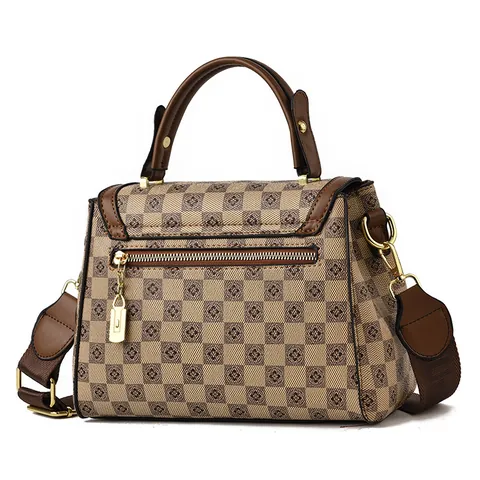 Vintage Checkerboard Floral PU Leather Shoulder Bag For Women Classic Bucket Bag Crossbody Handbag With Wide Strap Daily