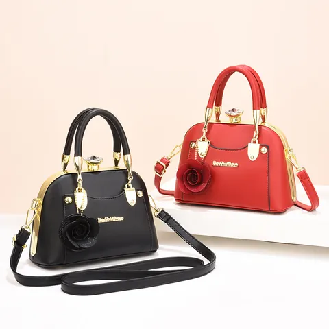 Vintage Shell Shape Women Handbag PU Leather Metal Frame With Rose Flower Charm Crystal Lock Evening Party Crossbody Bag