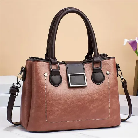 Women Retro Colorblock PU Leather Handbag Large Capacity Crossbody Shoulder Bag With Metal Buckle Daily Fashion Satchel