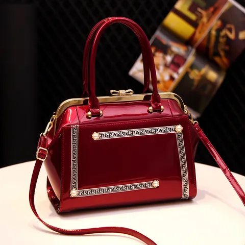 Women Patent PU Leather Handbag Retro Doctor Bag Glossy Crossbody Bag With Greek Key Pattern Pearl Butterfly Bow Large Capacity Shoulder Bag
