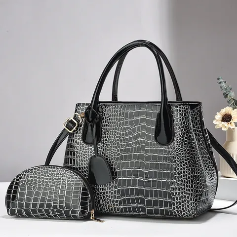 Sac Tote pour Femmes avec Gaufrage Crocodile et Petite Pochette en Cuir PU Verni Sac à Main Professionnel pour Bureau