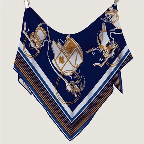 Vintage Pferdekutsche Druck Satin Schal Große Warme Stola Damen Herbst Winter Mode Wickeltuch Accessoire Marineblau Gold