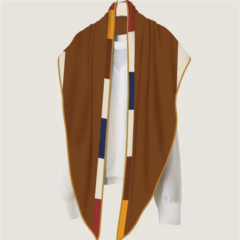 French Faux Cashmere Triangle Scarf For Women Autumn Winter Warm Geometric Color Block Polyester Shawl Wrap Elegant Pashmina Style Cape