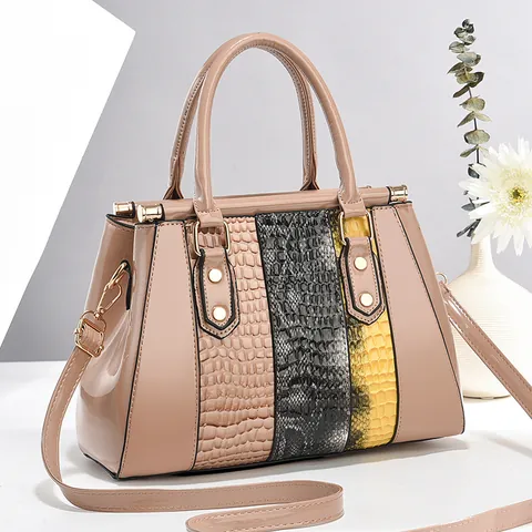 Fashion Women Patent Leather Handbag Patchwork Crocodile Snake Pattern Shoulder Crossbody Bag Trendy Medium Satchel Tote