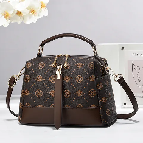 Borsa a Tracolla Donna Stampa Monogramma Vintage Colorblock Alta Capacità Pelle PU Borsa a Cuscino Hardware Oro Borsa Pendolare