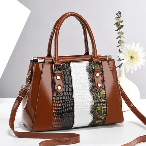 Fashion Women Patent Leather Handbag Patchwork Crocodile Snake Pattern Shoulder Crossbody Bag Trendy Medium Satchel Tote
