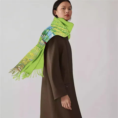 Sciarpa Pittura Olio Van Gogh Imitazione Cashmere Morbido Caldo Nappe Scialle Lungo Avvolgente Paesaggio Auvers Vintage Elegante Stampa Donna