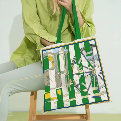 Women Canvas Tote Bag Retro Carriage Wheel Print Handbag Artistic Equestrian Pattern Shoulder Bag Daily Commuting Bag