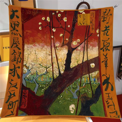 Foulard Quadrato in Raso con Stampa Pittura a Olio Van Gogh Giardino di Prugni Artistico Grande Sciarpa per Donna
