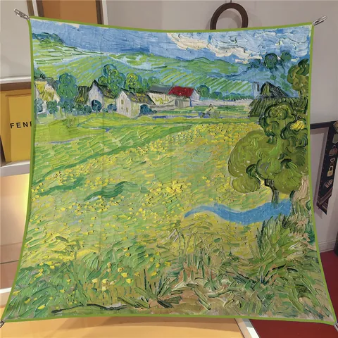 Foulard Quadrato in Seta Con Pittura a Olio Paesaggio di Auvers Van Gogh Per Donna Sciarpa Artistica Elegante Francese
