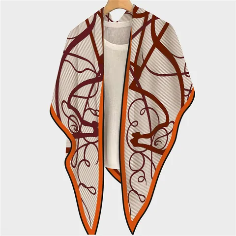 Elegant Women Equestrian Horse Print Triangle Scarf Satin Look Large Shawl Orange Beige Windproof Wrap For Autumn Winter