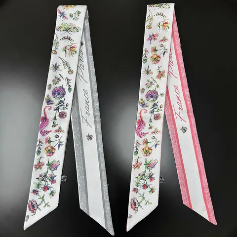 French Elegant Satin Skinny Scarf For Women Floral Butterfly Rose Print Ribbon Bag Wrap Hair Tie Fashion Twilly Neck Scarf